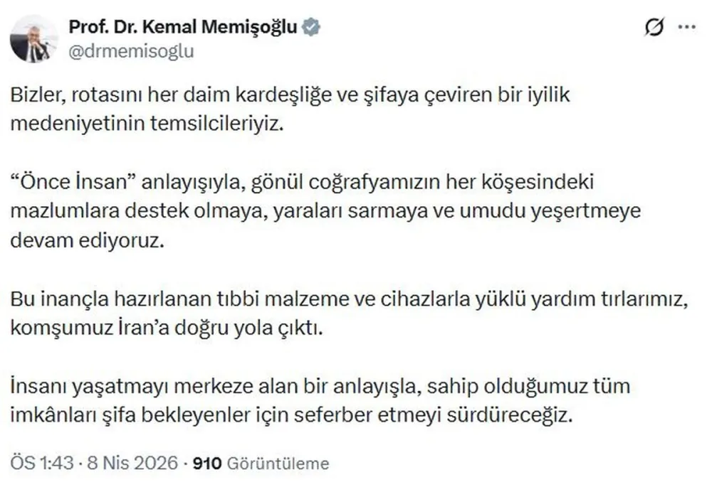 Bakan Memişoğlu: Tıbbi yardım yüklü TIR