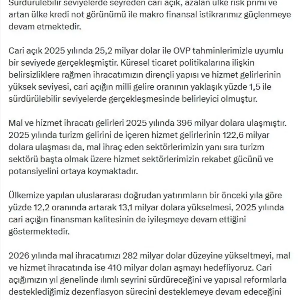 Cevdet Yılmaz: Cari açık, OVP ile uyumlu gerçekleşmiştir