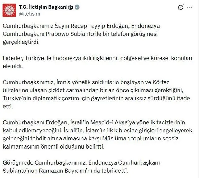 Cumhurbaşkanı Erdoğan, Endonezya Cumhurbaşkanı Subianto ile telefon görüşmesi gerçekleştirdi
