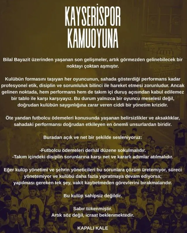 Kayserispor taraftar grubu Kapalı Kale: Bu kulüp sahipsiz değildir, sabır tükenmiştir
