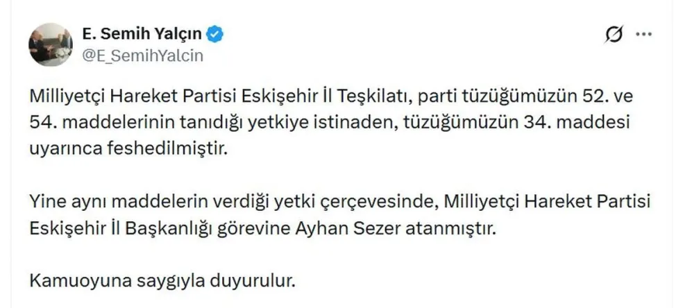 MHP'de Eskişehir'de Büyük Değişim: İl Teşkilatı Feshedildi, Yeni Başkan Atandı