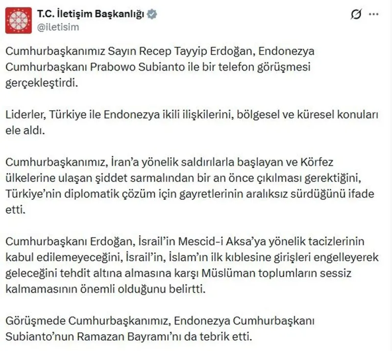 Cumhurbaşkanı Erdoğan, Endonezya Cumhurbaşkanı Subianto ile telefon görüşmesi gerçekleştirdi