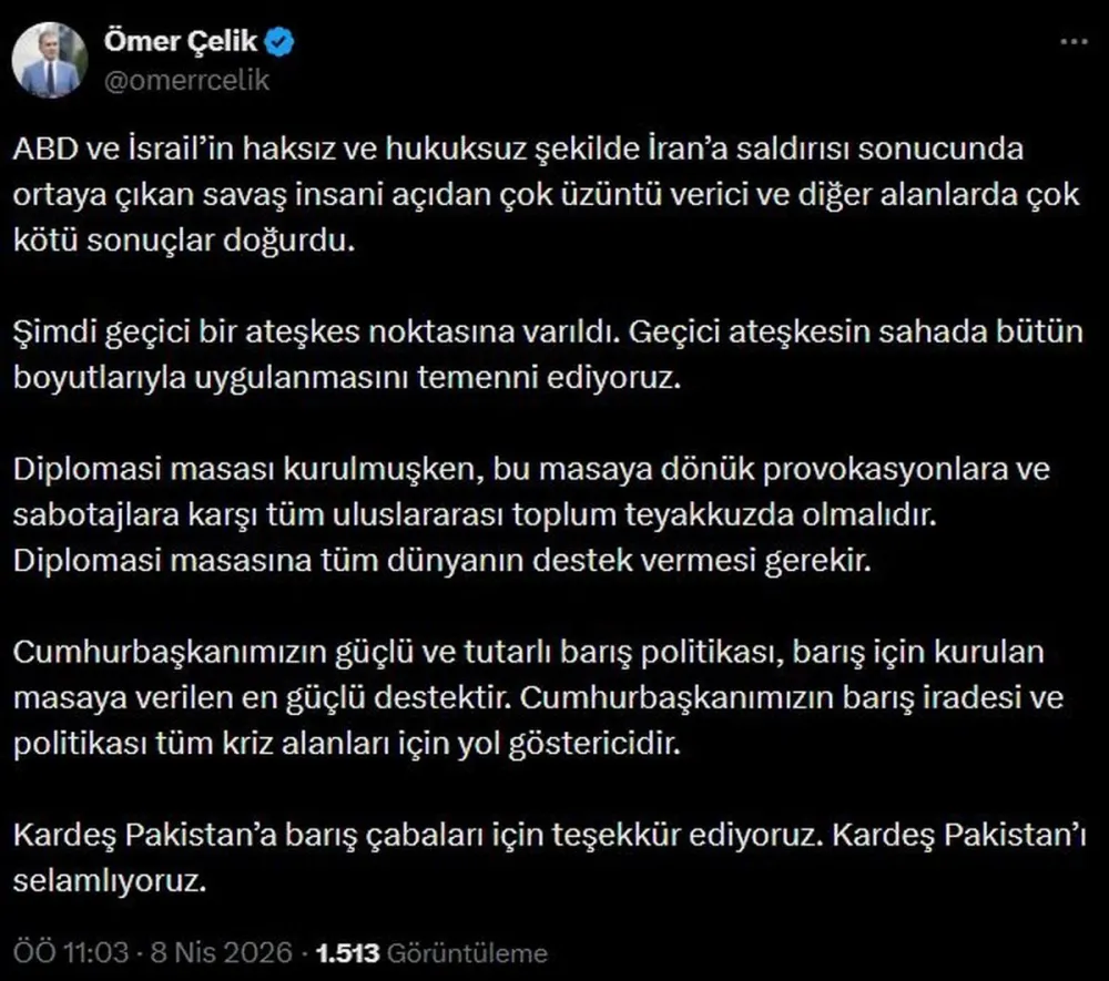 Ömer Çelik: Geçici ateşkese destek